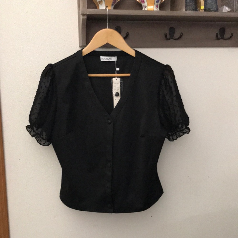 Liumilac black blouse, buttons, sheer short elastic sleeves, size Large